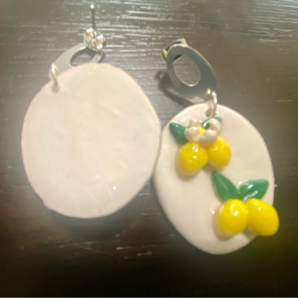 Handmade White Oval Earrings with Yellow Lemon Charms